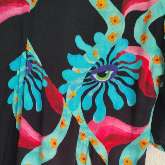 V-Neck Black Mini Dress with Turquoise & Coral Wave Print - Picture 9 of 14